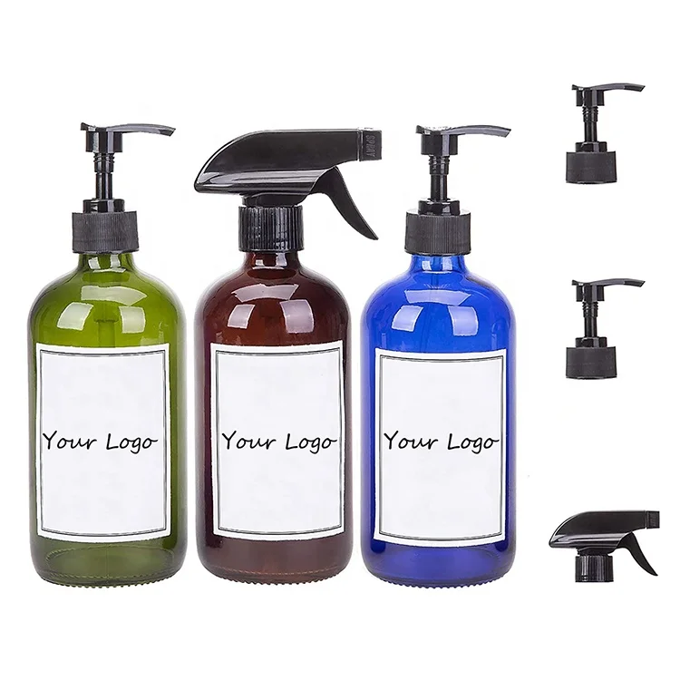 Refillable Glass Pump Bottles 16 Oz Blue Glass Boston Bottles With