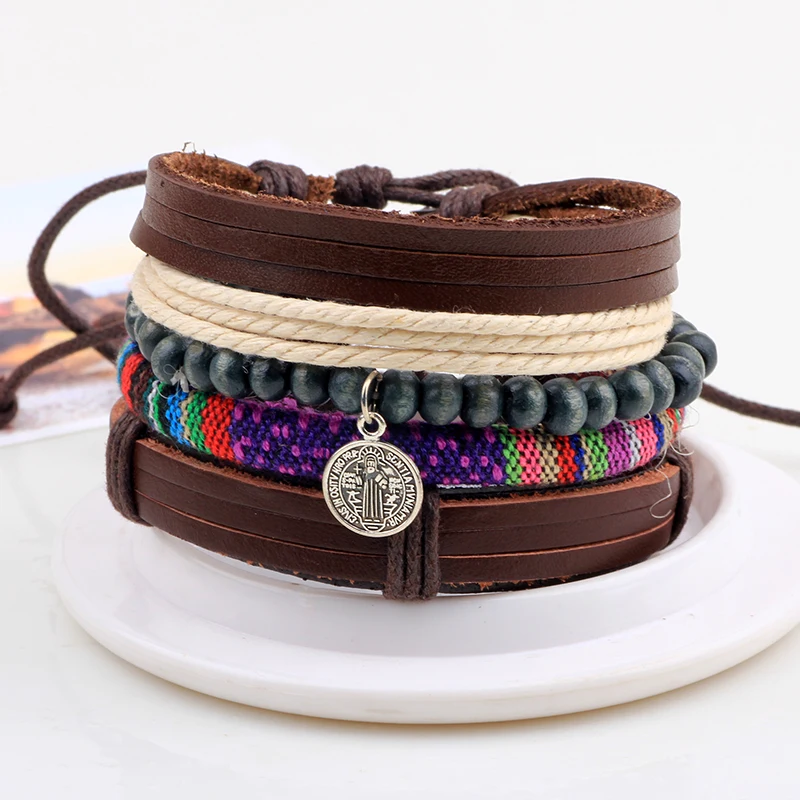mens charm  Multilayer Leather Beads Wooden  Ropes Hemp Bohemia combination beads wooden braided leather Bracelet