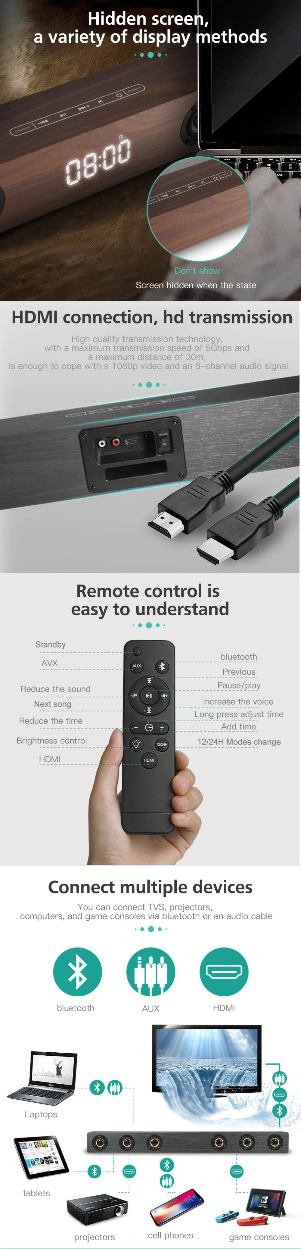 Wireless TV Soundbar Bluetooth Speaker 30W Sound Bar Hifi Stereo Sound Wooden Sound Bar with RCA AUX HDMI For TV Home Theater - ANKUX.COM