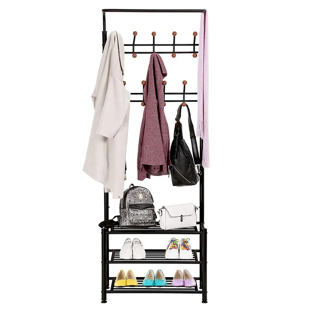 Entryway Coat Rack With Storage Shoe Rack Hallway Organizer 18 Hooks And 3 Tier Shelves Metal Black Buy Clothes Tree Clothes Racks In Metal Clothes Organizer Coat Racks Product On Alibaba Com