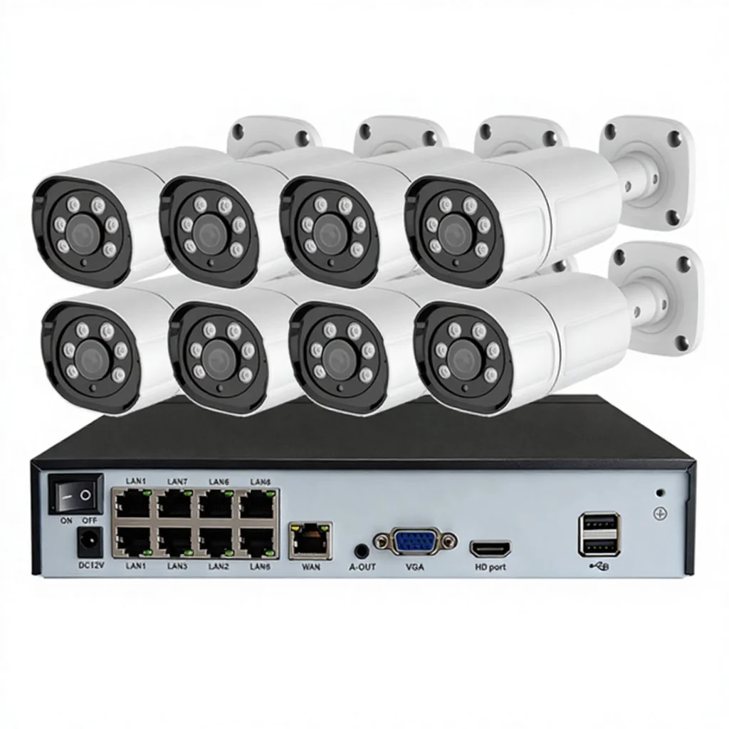 PoE outdoor security camera connected to NVR with Ethernet cable