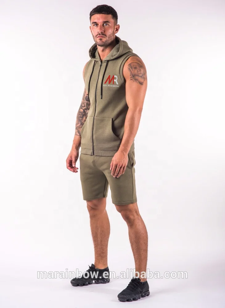 Olive Green Custom Mens Sleeveless Hoodie Custom Zip Up Cotton Fleece