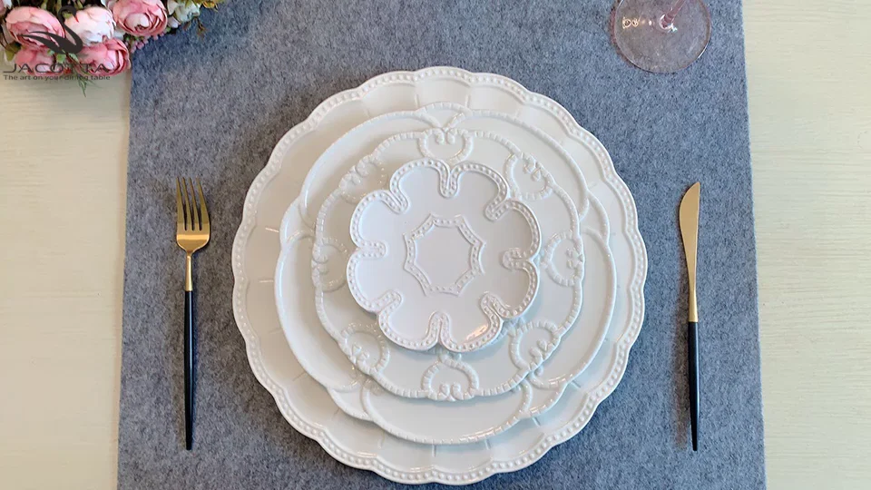 Wholesale 13 Inch Embossed Serving Dishes Set Ceramic White Ceramic