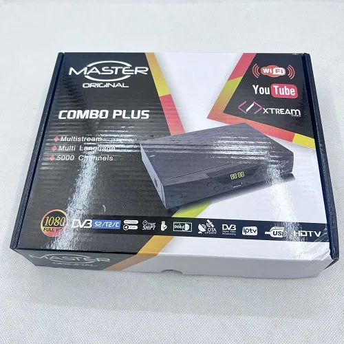Master Combo Decoder rear view with LNB input, antenna port, and power connector
