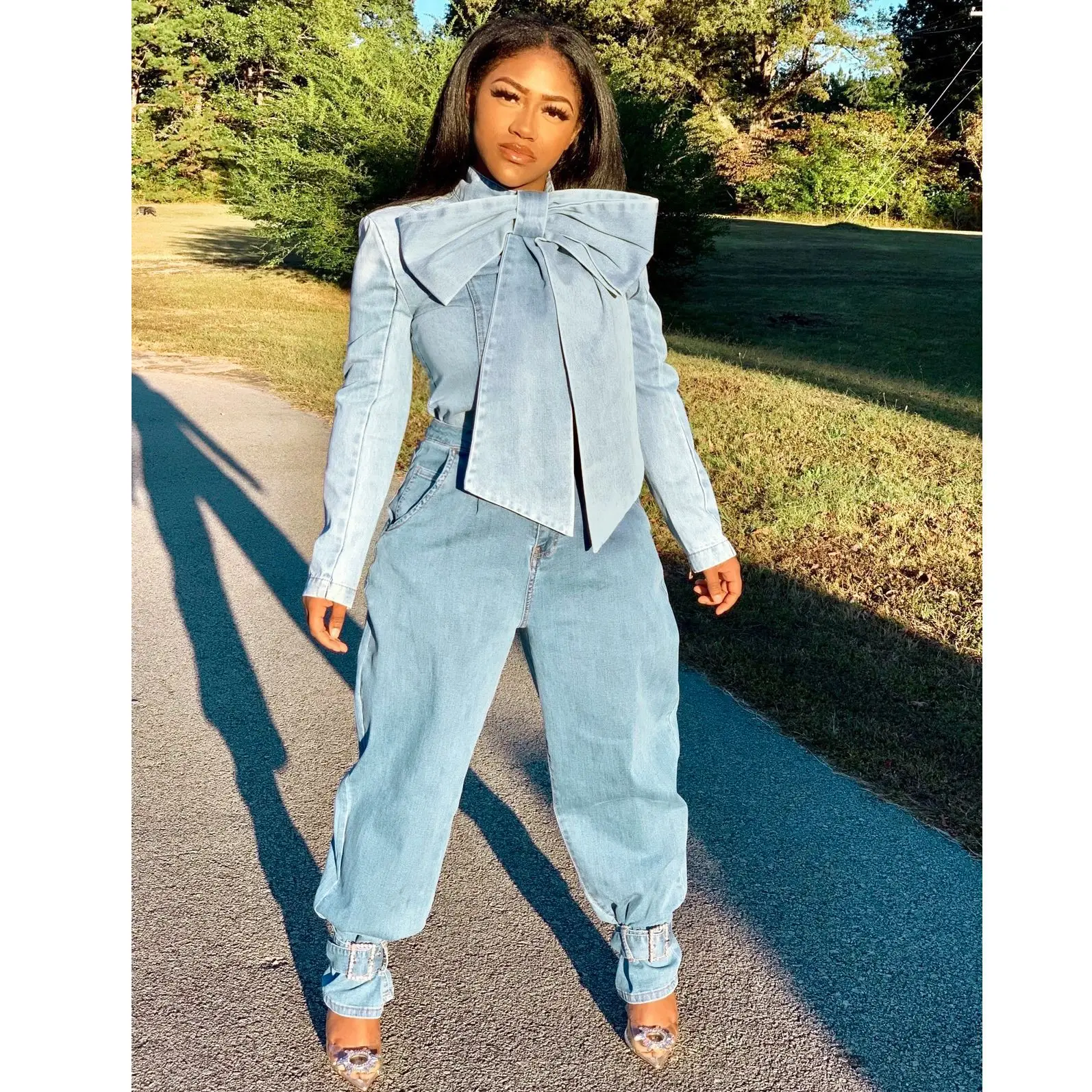2021 Fashion Denim Tops Bowknot High 