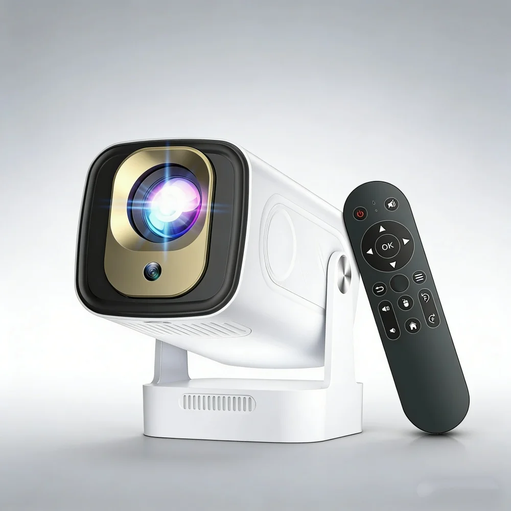 Bluetooth mini data show projector on a desk next to laptop and smartphone