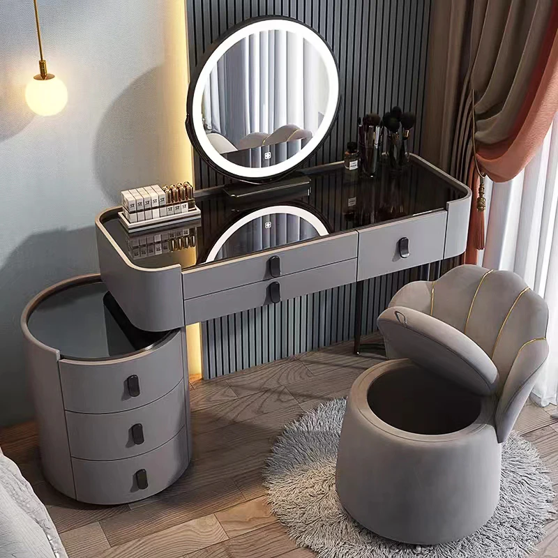 Home Furniture Bedroom Vanity Desk Grey Dressing Table Mdf White Wood Makeup Cosmetics Dressing Table With Stool