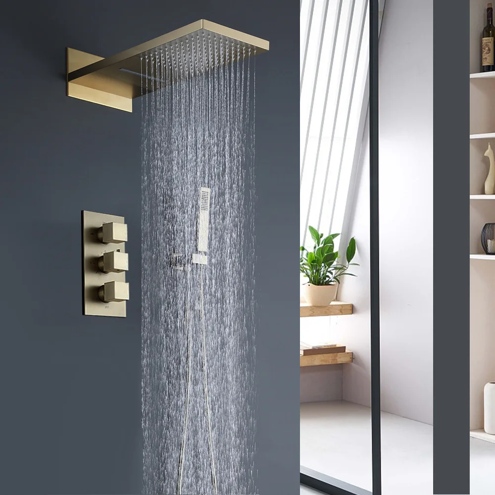 Brushed Gold Shower System With Waterfall Tub Spout Shower Faucet Set ...