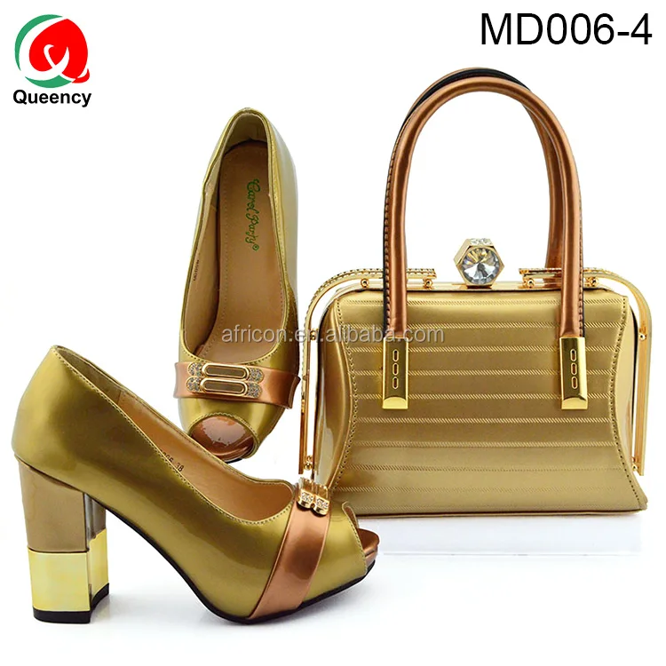 130850 Gold Low Heel Rhinestones Ladies Shoes And Bags / New Design