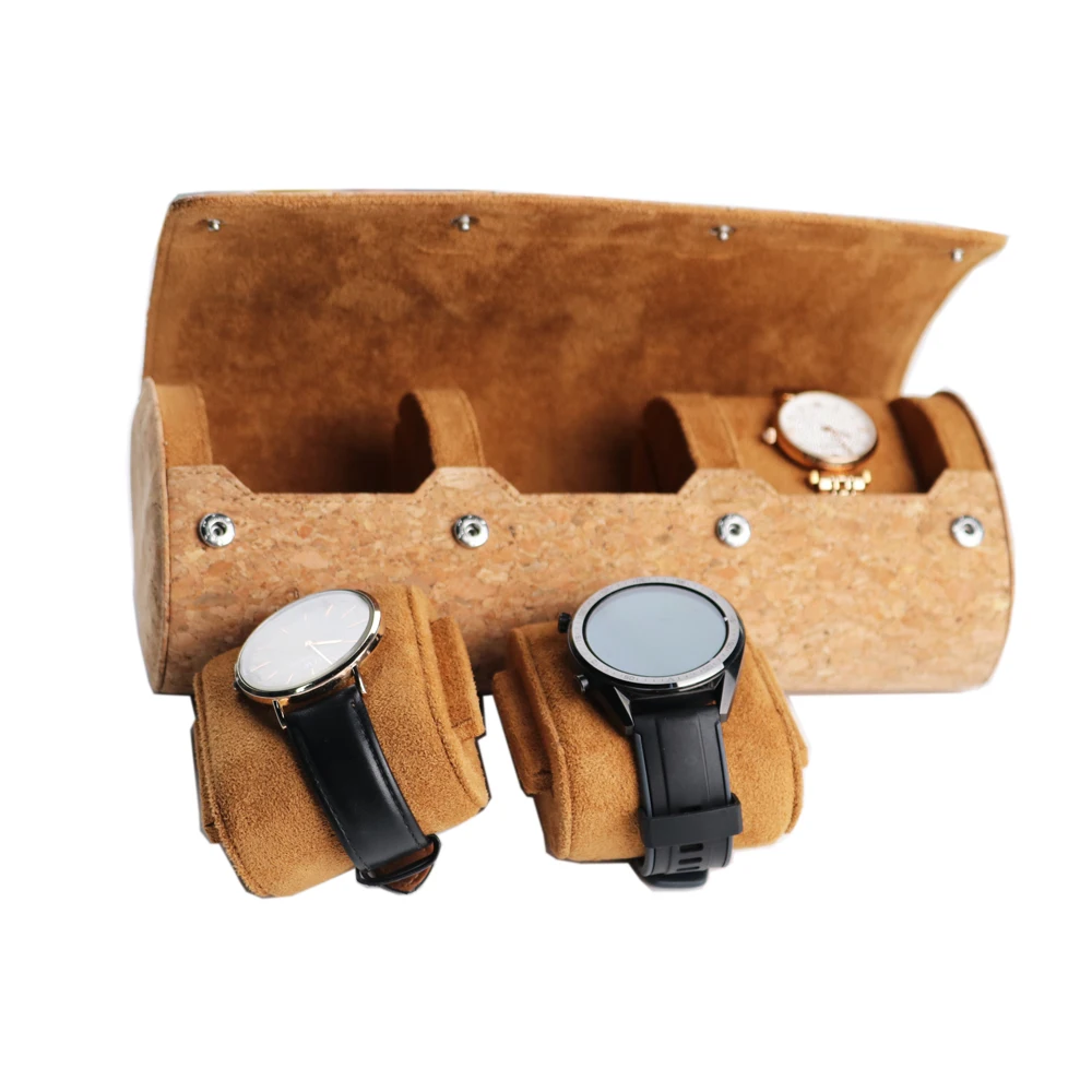 Luxury Cork Leather Travel Watch Case Roll Organizer With 3 Watch Slots