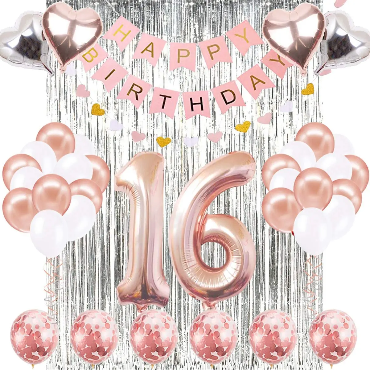 Happy Sweet 16 Balloon Banner with 2 Heart Foil Gold 16th Birthday Party Deco 