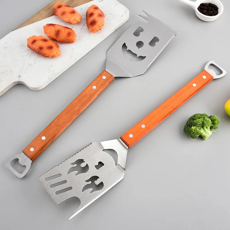 Multifunctional Stainless Steel BBQ Tool Set Outdoor BBQ Wooden Handle Fork Spatula Combination Set factory