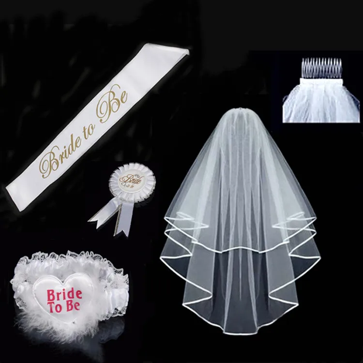 5 Pcs Garter Rosette Tiara Badge Crown Sash Veil Party Decor Wedding Bride to Be 