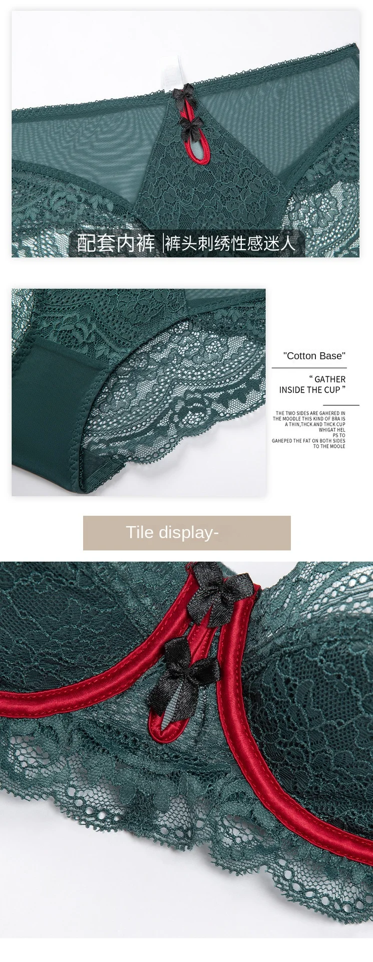Benmingnian Red Lace Bra Thongs European American Sexy Ultra-Thin Underwear Adjustable Straps Pure Big Chest Showy Large Size