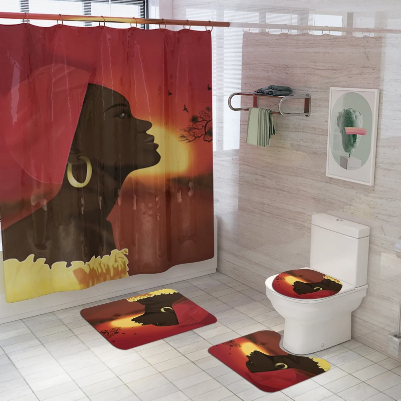 New Shower Curtain Lid Toilet Cover Bath Mat Rug with Hooks Bathroom Accessory Sets Home Decoration