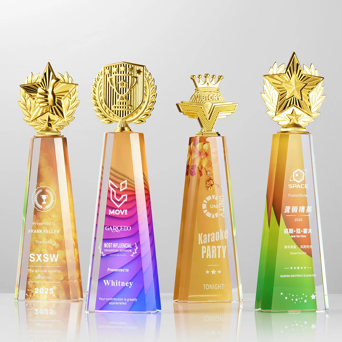 product custom crystal trophies plaques new design corporate gifts uv printing golden stars for other crystal crafts wdy 0418-9