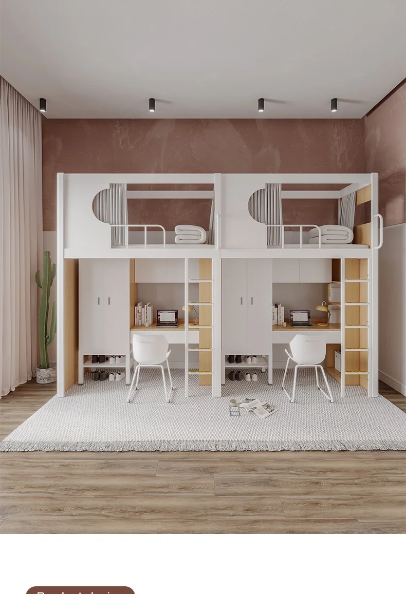 product modern design college dormitory iron frame bunk bed upper lower table loft bed metal apartment bed-9
