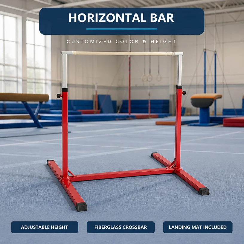 Kids Gymnastics Horizontal Bar Adjustable Height Steel Pull up Bar Home Training Equipment With Mat