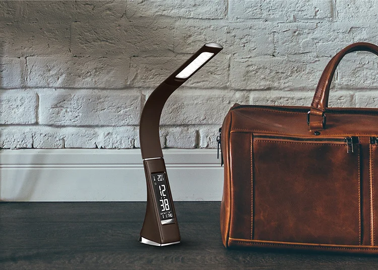 HoneyFly Leather Touch Control LED Table Lamp with Led Display Alarm Clock and Calendar Creative Foldable Desk Lamp