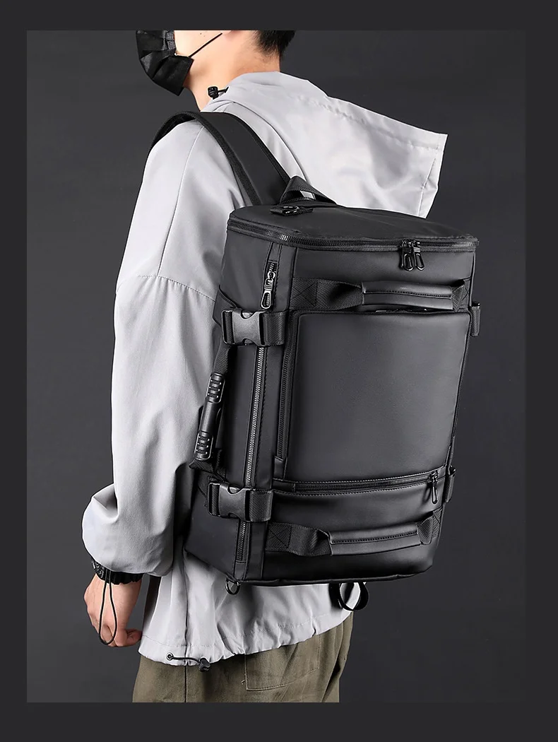 Men's Large Capacity Waterproof GPS Backpack Multifunctional PU Laptop Bag Zipper Handheld Business Travel Crossbody Polyester