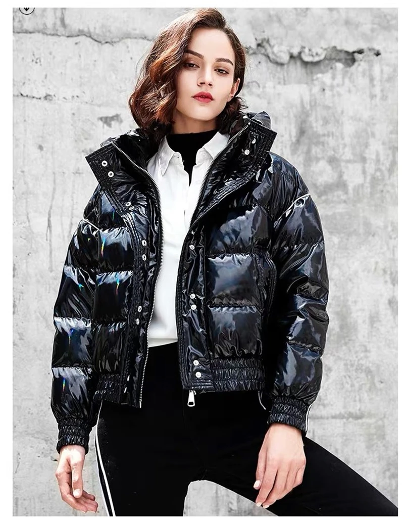 Fashion Winter Super Cool Black High Shine Vinyl Material Puffer Jacket Women Windbreaker Bomber Down Coat Alibaba