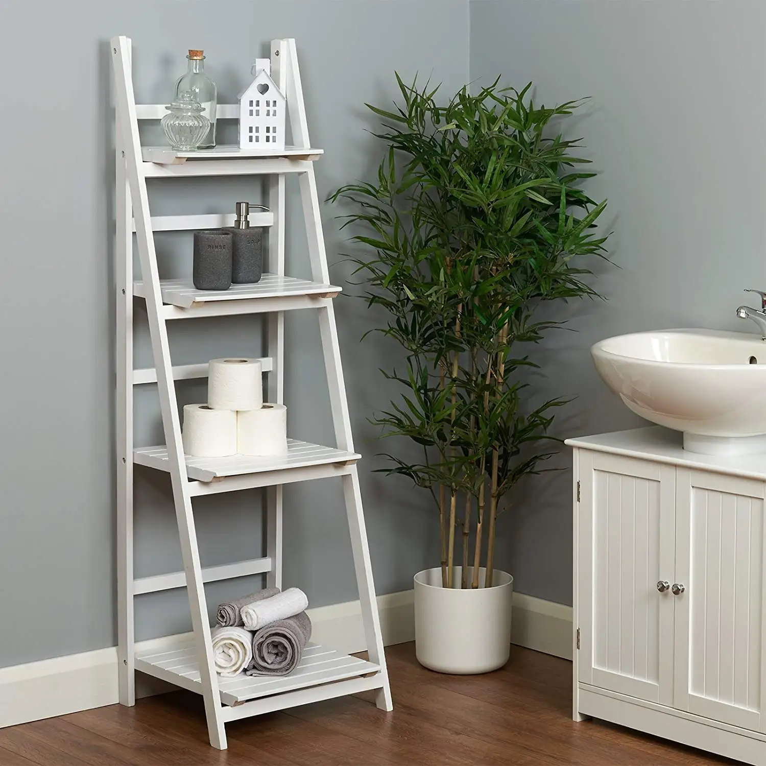 White 4 Tier Folding Ladder Shelf for Bathroom Organization