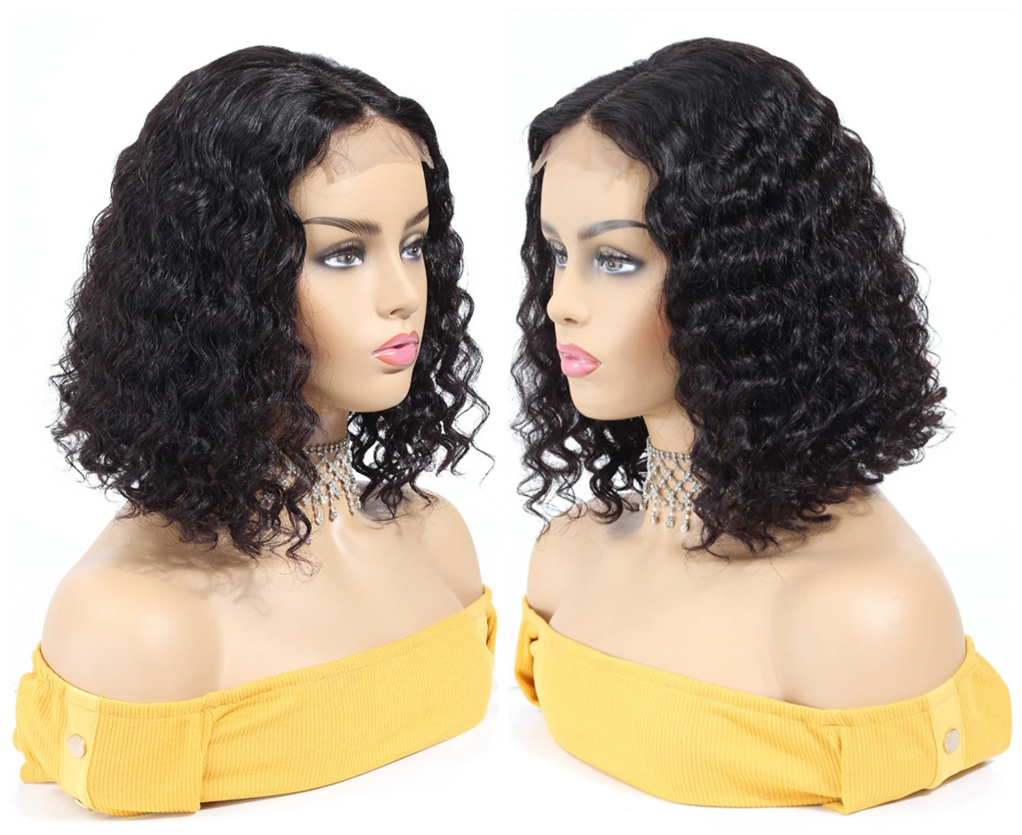 

150% Density Cheap Factory Price Brazilian Hair Wigs Human Virgin Cuticle Aligned Deep Wave Bob 4*4 Front Lace Wig Deep Wave