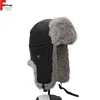 Black sheepskin leather rabbit fur hat