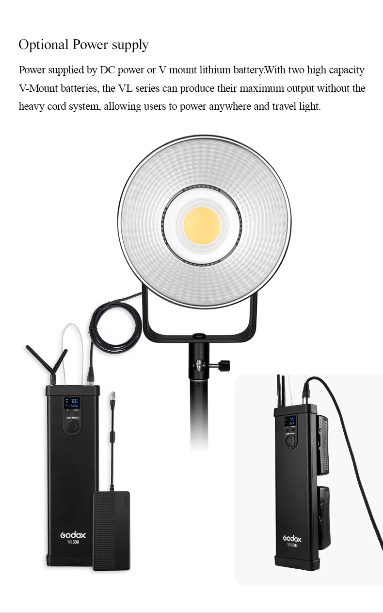 CRI 96 TCLI 95 5600K Daylight-Balanced Bowens Mount Continuous Video Light with Remote Contorller Godox VL300 300w LED Light Carrying Bag Reflector