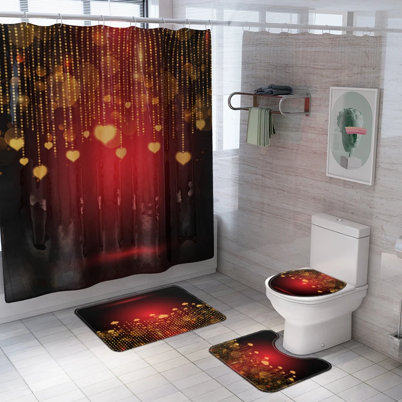 Valentine's day New Shower Curtain Lid Toilet Cover Bath Mat Rug with Hooks Bathroom Accessory Sets