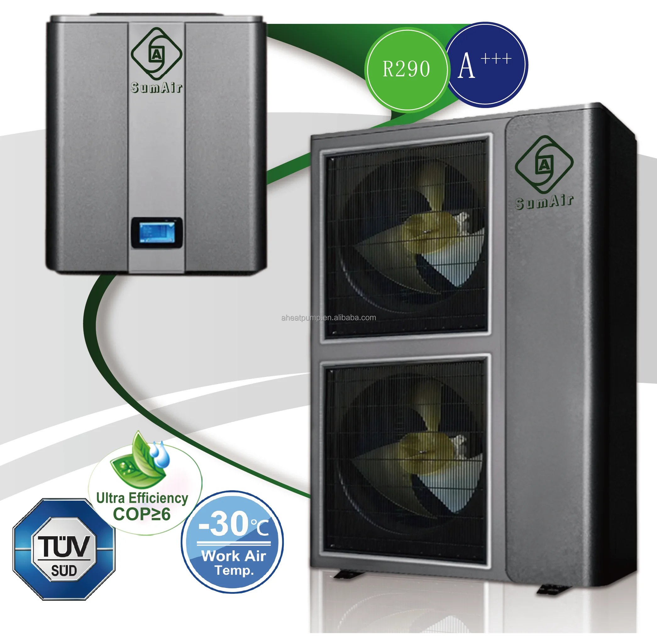 Modern AC heat pump outdoor unit with sleek housing and digital display