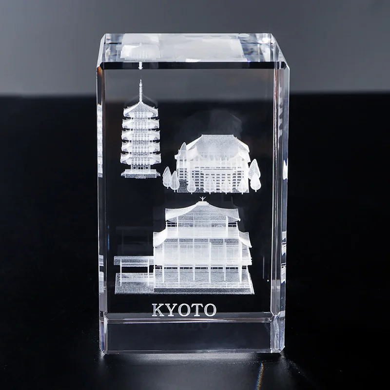 K9 Crystal Cube Tower Laser Engraved Famous Building Japan Kyoto sculpture Carved Mascot Flower Decor for Tourist Souvenir Gift manufacture