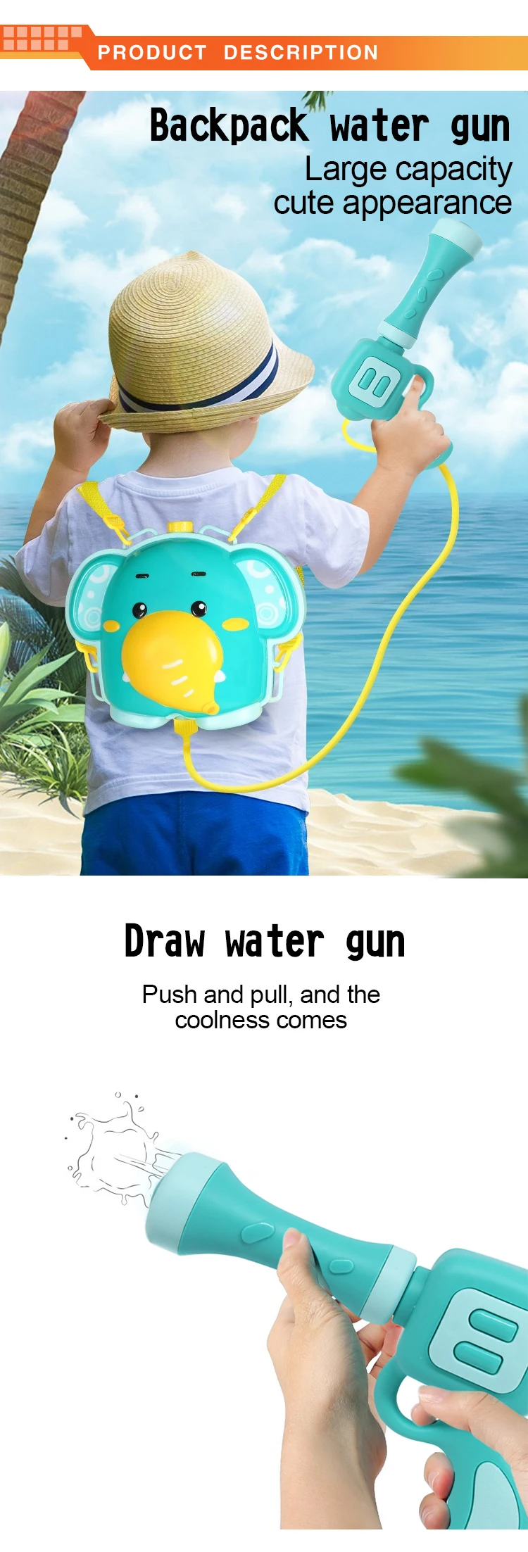 New arrival cartoon backpack water toy gun cute kids water gun
