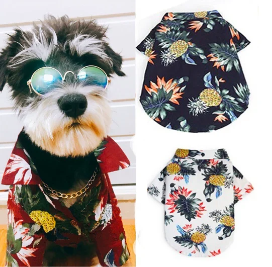 

Dog Cat Shirts Cotton Summer Beach Clothes Vest Pet Clothing Floral T Shirt Hawaiian For Small Large Dog Chihuahua, White, navy blue