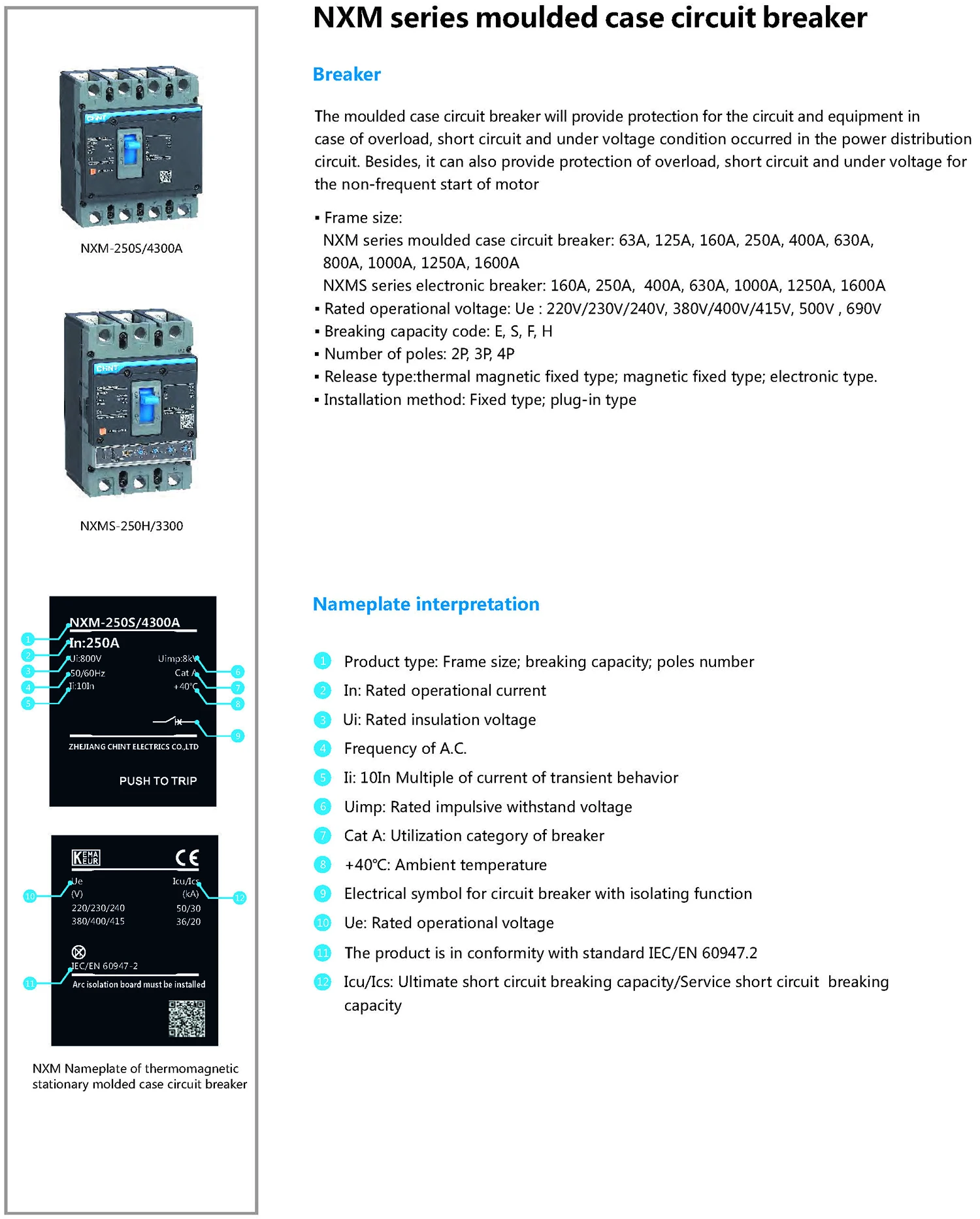 Chint NXM NXM-125S NXM-250S NXM-400S NXM-630S NXM-800S 3300 160A 250A 350A 400A 630A 800A CHNT MCCB Molded Case Circuit Breaker