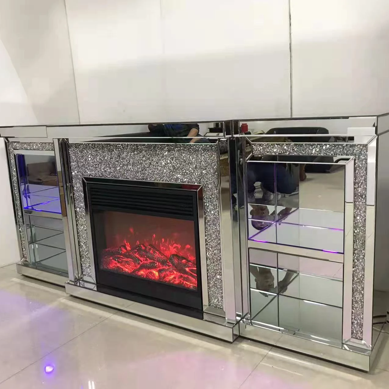 Modern Crushed Sparkle Crystal Mirrored Glass Wine Tv Stand