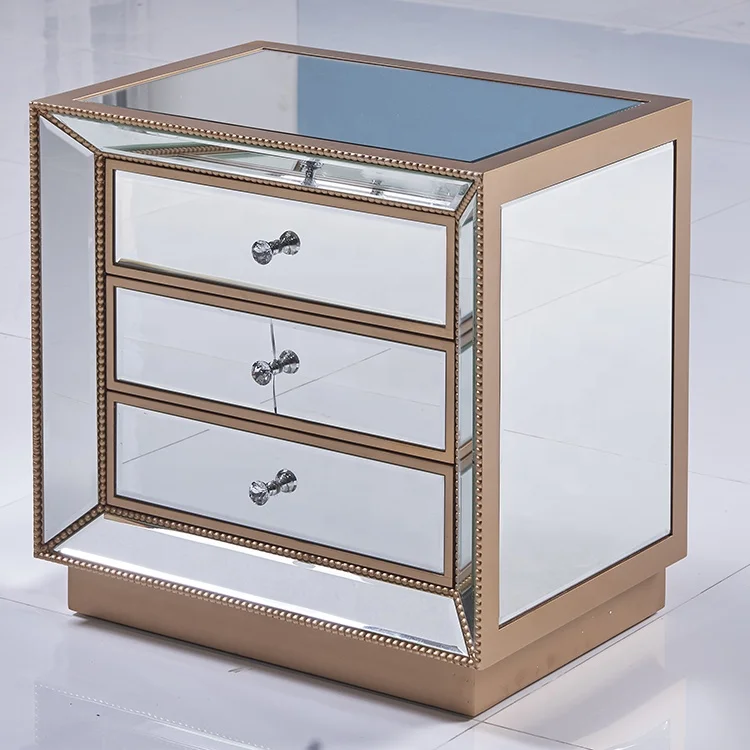 
Modern nordic style furniture 3 drawer glass mirrored bedside table nightstand 