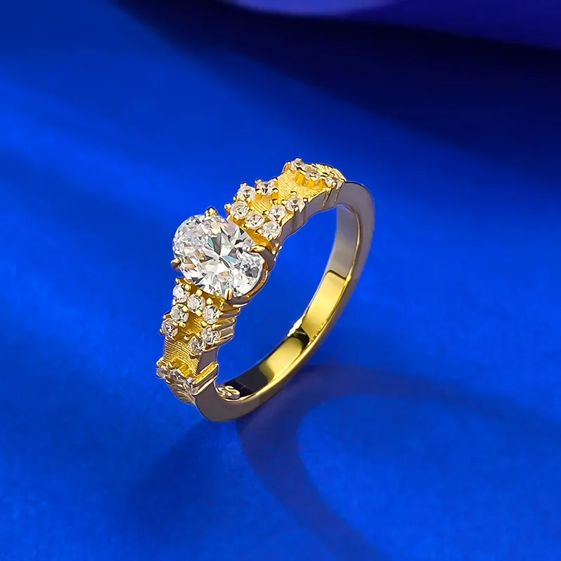 S925 Silver Gold-Plated Ring 5*7mm Egg-Shaped Oval Cut with Zircon Middle Ancient Pigeon Egg Fingertip Elf Lab Diamond Ring