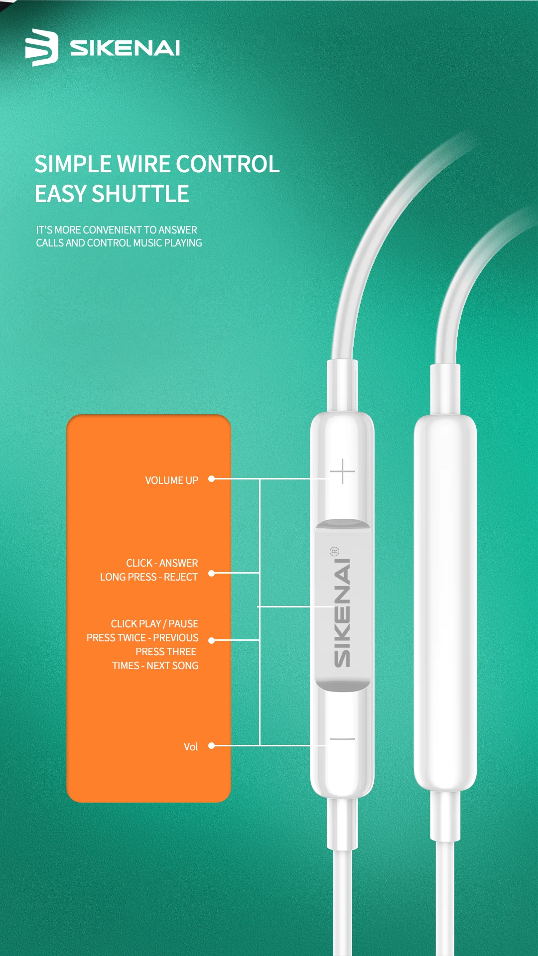 Sikenai Wired Control Headset For Iphone Earphone Remote Mic Stereo