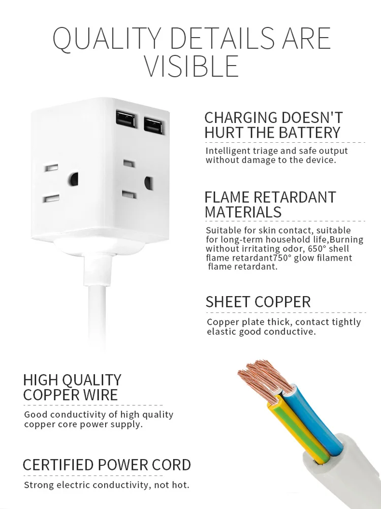 Extension multi 4 socket and 2 usb port usa cube square outlet usb 3-pin power strip adapter socket with cord