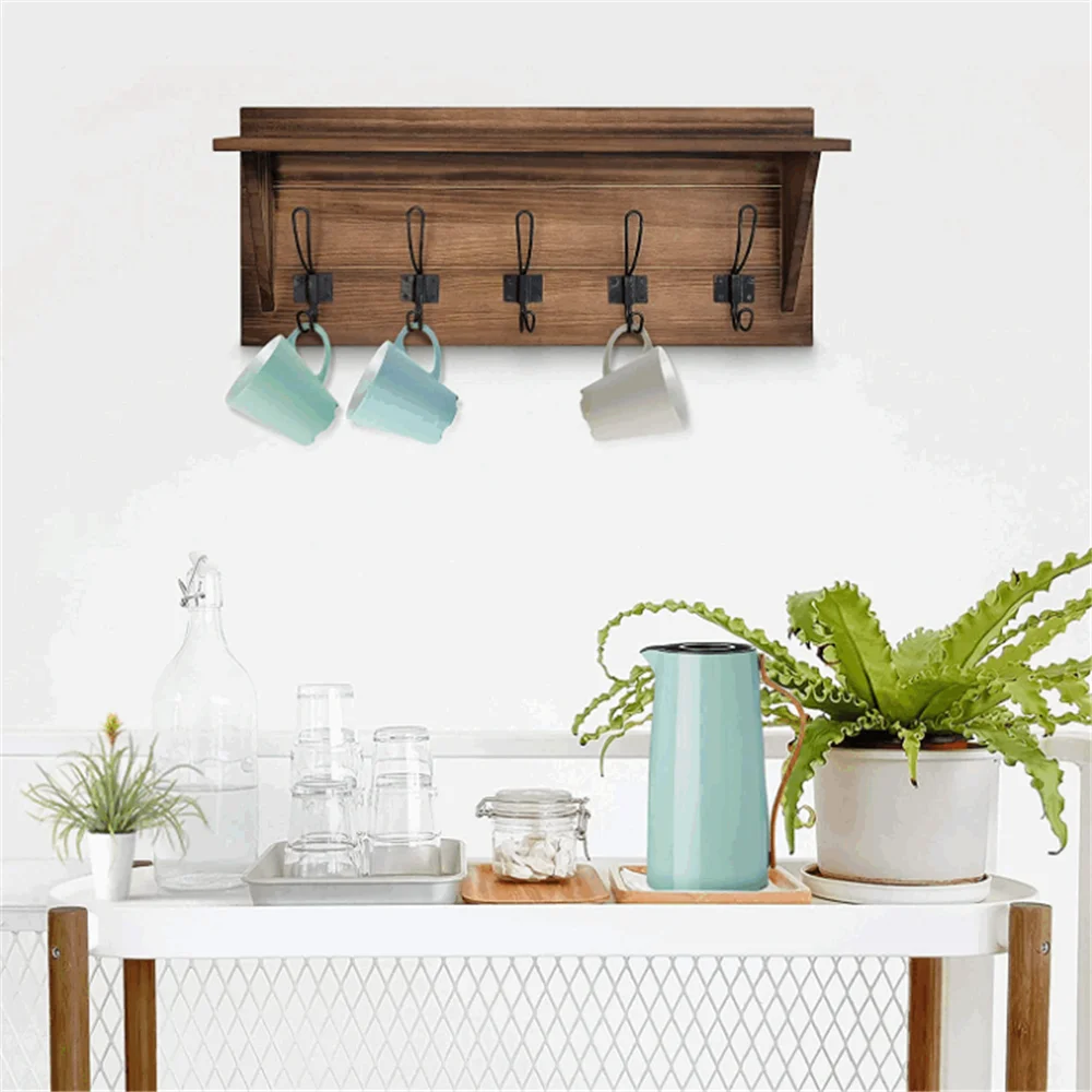 Country rustic style brown solid pine wood with 5 hooks best selling key rack vintage wall coat rack coat rack wall