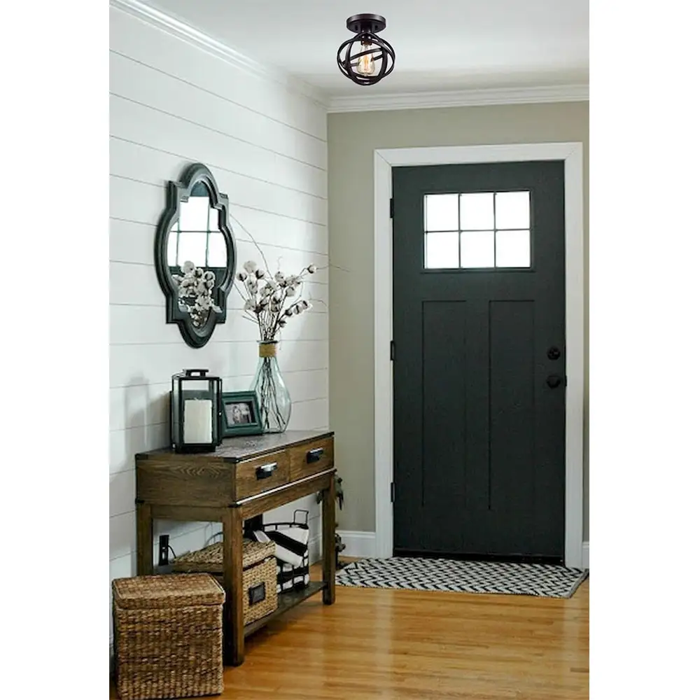Vintage Hallway Ceiling Light Black Semi-Flush Mount Basket Cage Bedroom Living 