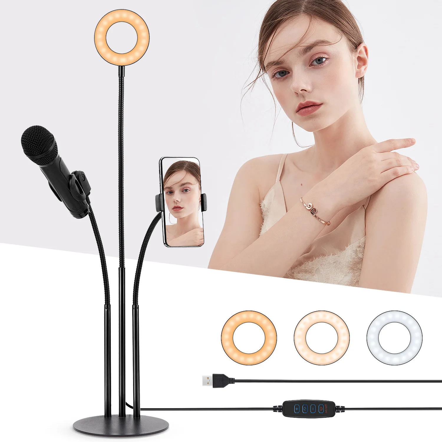 3in1 Selfie  Ring Light  cellphone holder for live  desk LED ring lamp with phone holder and microphone clip