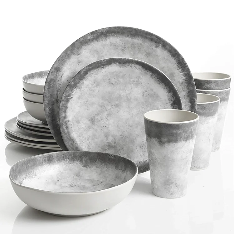 Bpafree Unbreakable Plastic Printed Bamboo Fiber Gray Dinner Plate