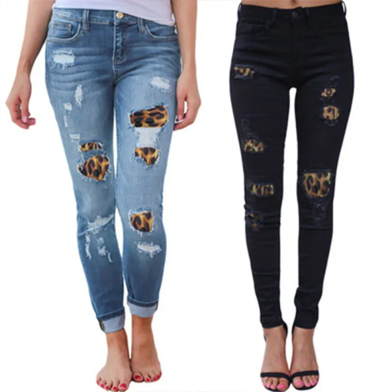 Anxinke Women Patched Leopard Print Pencil Pants Casual Jeans 
