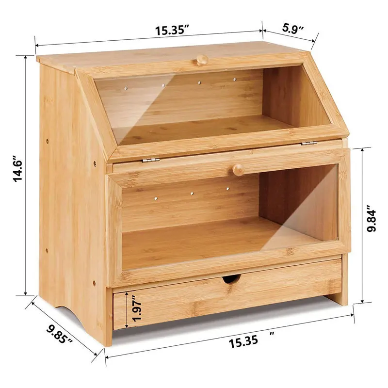 Bamboo Corner Bread Box Double Layers Wood Bread Bin For Kitchen Bamboo