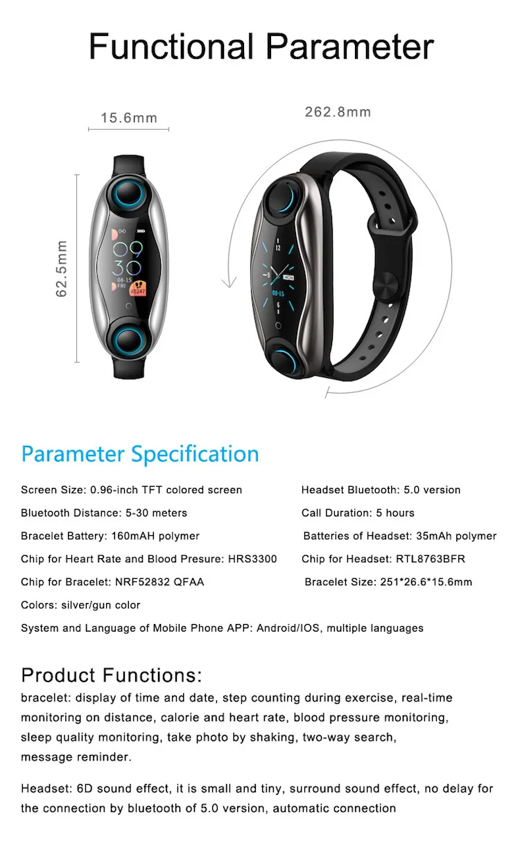 Hot intelligent blood pressure monitor T90 headphones watch blue tooth 2 in 1 earphones smartwatch