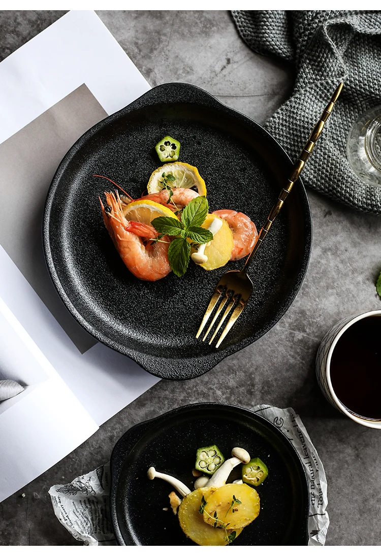 Porcelain Black Restaurant Tray Ceramic Breakable Plates With 2 Handle