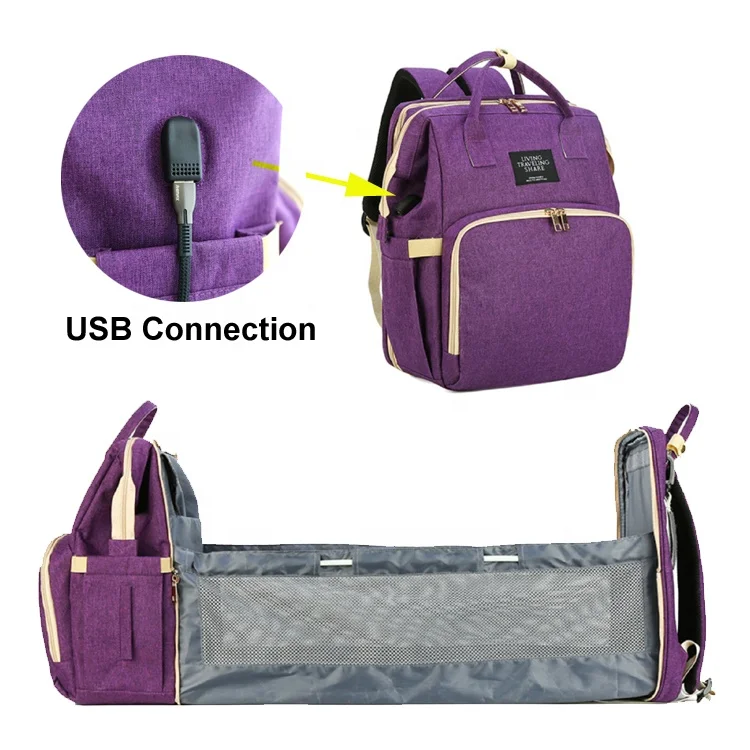 
KAIFEI USB Connection Waterproof Nappy Diaper Bag Foldable Baby Bed Backpack for Easy Travel 