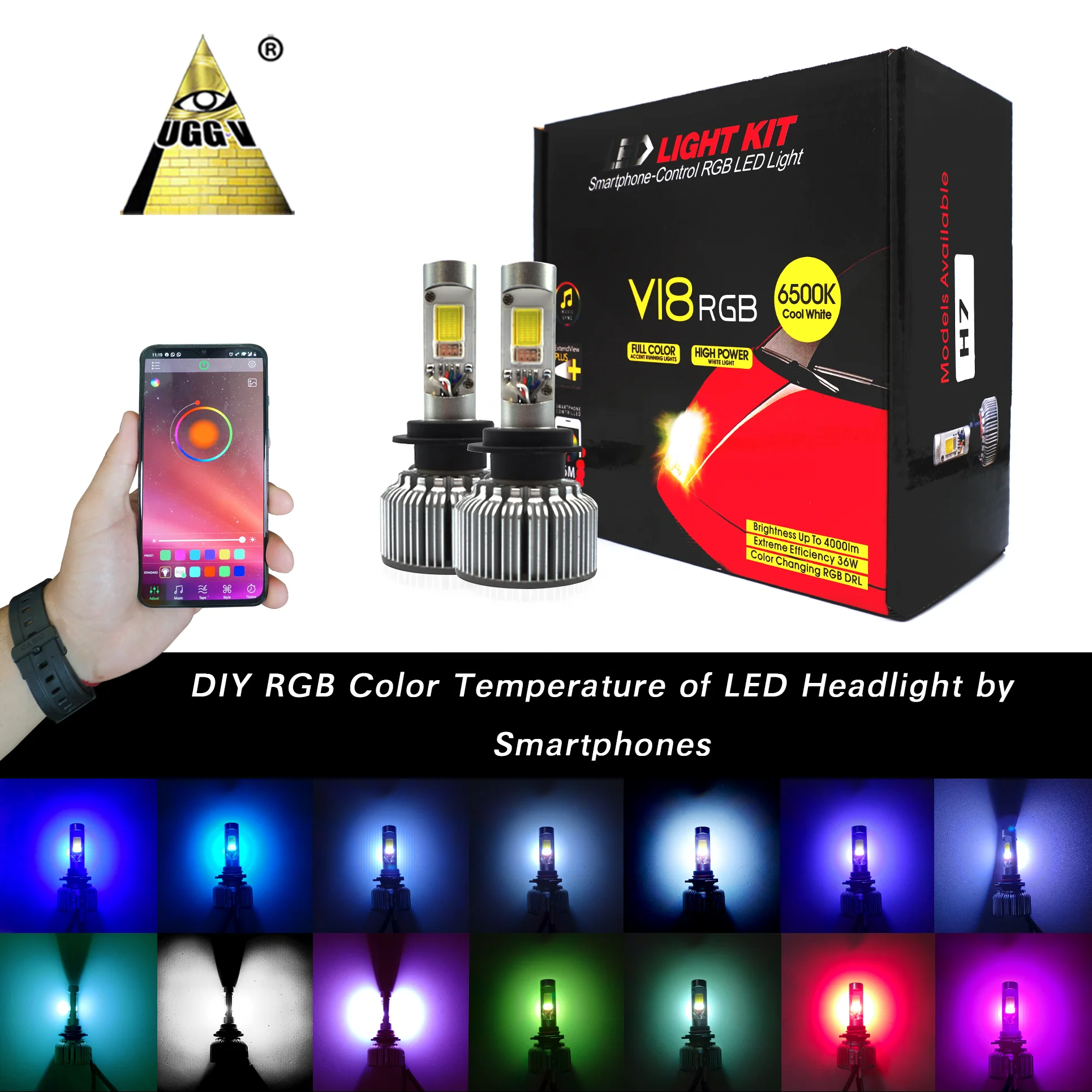 New Style RGB V18 H7 LED Headlight H13 H4 H7 H8 H11 9005 9006